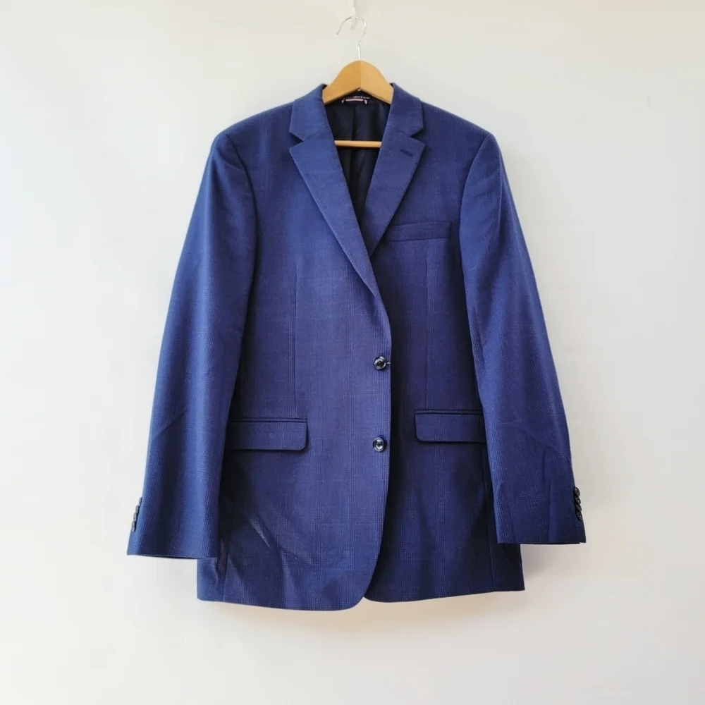Tommy Hilfiger Navy Blue Blazer Mens 42L Vintage Plaid Preppy Sports Jacket